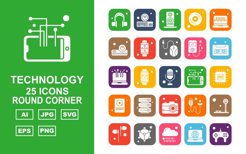 Download Набор иконок "25 Premium Technology Round Corner Icon Set" / 25 Premium Technology Round Corner Icon Set - Набор иконок на тему game headphone,watch,plug,tower signal,earphone,tambourine,cloud,laptop,game controller,keyboard,speaker,cd,projector,mobile watch,mouse,mp3,cassete,icon,icons