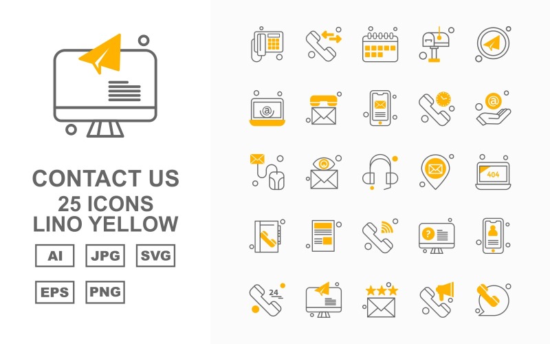 25 Преміум Зв'яжіться з нами Ліно Жовтий Icon Set