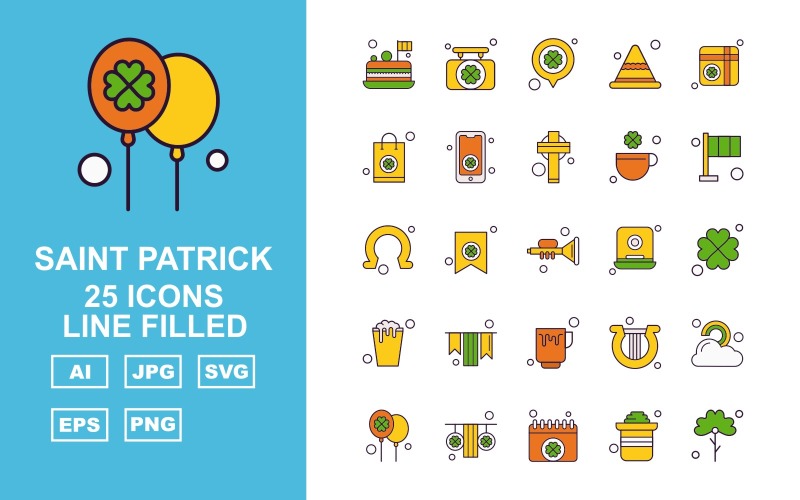 Conjunto de ícones preenchidos com linha 25 Premium Saint Patrick