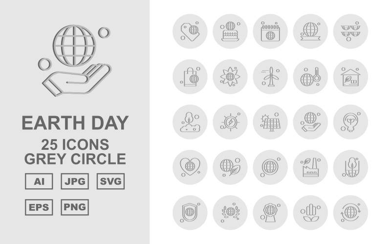 25 Conjunto de ícones premium de círculo cinza para o Dia da Terra