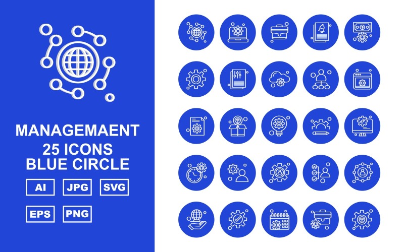 Набор иконок 25 премиум-менеджмента с синим кругом