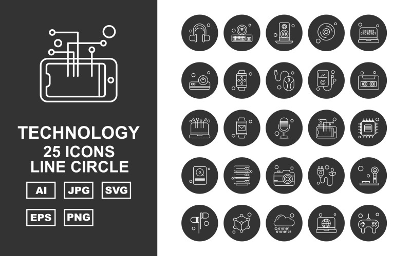Набор иконок 25 Premium Technology Line Circle