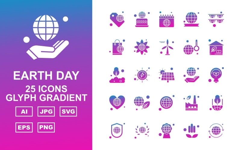 Download Набор иконок "25 Premium Earth Day Glyph Gradient Icon Set" / 25 Premium Earth Day Glyph Gradient Icon Set - Набор иконок на тему shopping tag,energy,factory,earth,shield,globe,logo,cake,calendar,shopping bag,sunflower,windmill,thermometer,home,tree,solar,hand,bulb,heart,icon
