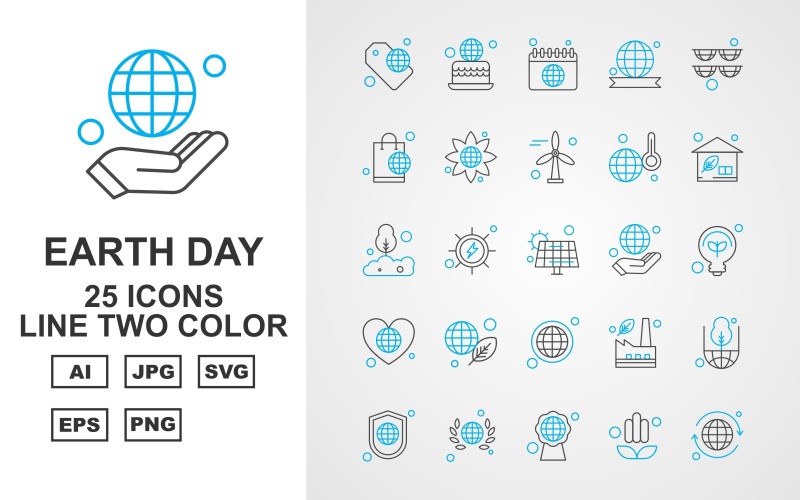 25 Premium Earth Day Line Zweifarbiges Symbol-Set