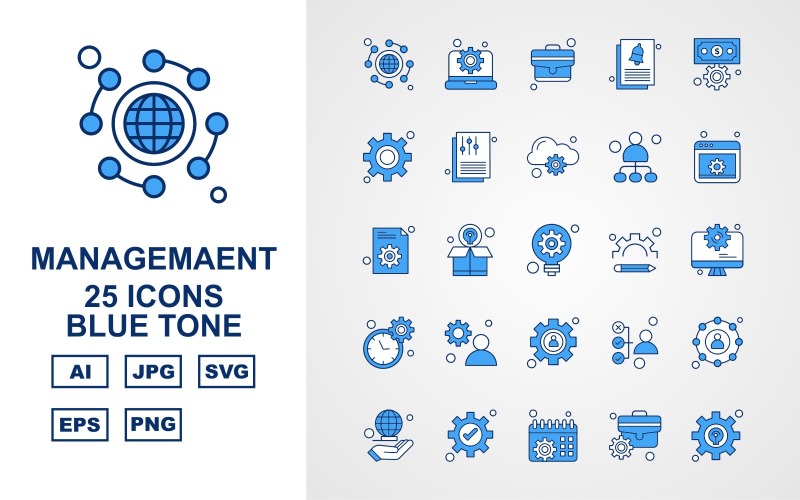 Download Набор иконок "25 Premium Management Blue Tone Icon Set" / 25 Premium Management Blue Tone Icon Set - Набор иконок на тему business globe,box,avatar,hand,setting,calendar,briefcase,laptop,suitcase,document,dollar,cloud,user,website,bulb,lcd,icon,icons