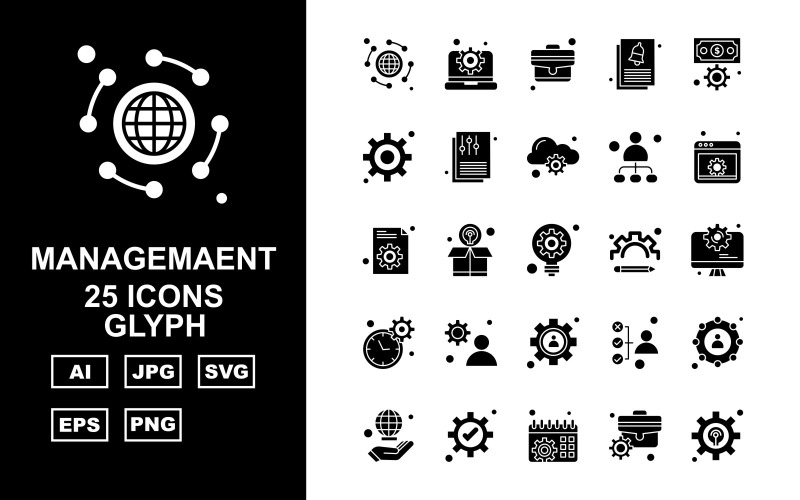 Download Набор иконок "25 Premium Management Glyph Icon Set" / 25 Premium Management Glyph Icon Set - Набор иконок на тему business globe,box,avatar,hand,setting,calendar,briefcase,laptop,suitcase,document,dollar,cloud,user,website,bulb,lcd,icon,icons