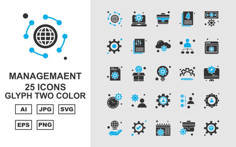 Download Набор иконок "25 Premium Management Glyph Two Color Icon Set" / 25 Premium Management Glyph Two Color Icon Set - Набор иконок на тему business globe,box,avatar,hand,setting,calendar,briefcase,laptop,suitcase,document,dollar,cloud,user,website,bulb,lcd,icon,icons