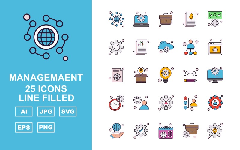 Download Набор иконок "25 Premium Management Line Filled Icon Set" / 25 Premium Management Line Filled Icon Set - Набор иконок на тему business globe,box,avatar,hand,setting,calendar,briefcase,laptop,suitcase,document,dollar,cloud,user,website,bulb,lcd,icon,icons