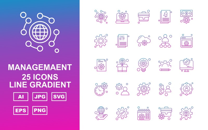 Download Набор иконок "25 Premium Management Line Gradient Icon Set" / 25 Premium Management Line Gradient Icon Set - Набор иконок на тему business globe,box,avatar,hand,setting,calendar,briefcase,laptop,suitcase,document,dollar,cloud,user,website,bulb,lcd,icon,icons