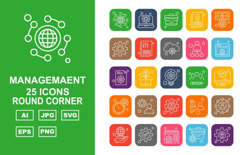 Download Набор иконок "25 Premium Management Round Corner Icon Set" / 25 Premium Management Round Corner Icon Set - Набор иконок на тему business globe,box,avatar,hand,setting,calendar,briefcase,laptop,suitcase,document,dollar,cloud,user,website,bulb,lcd,icon,icons