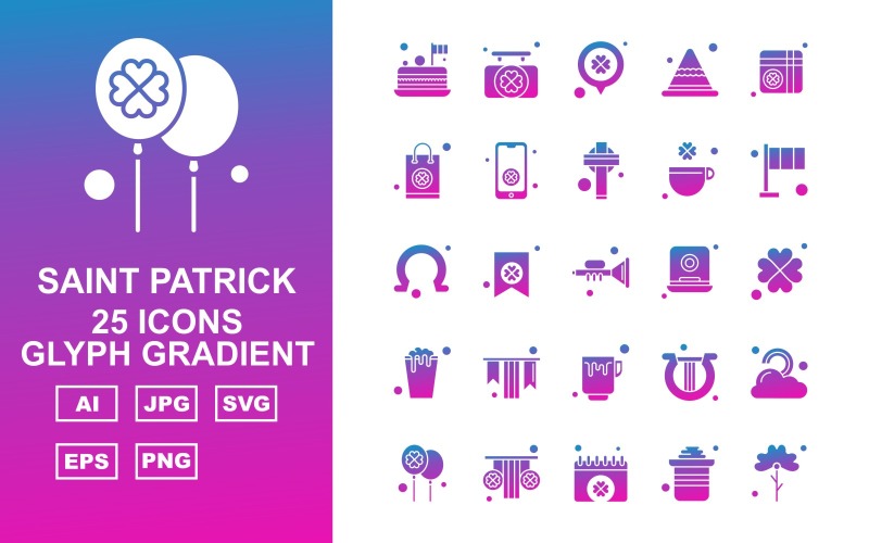 Download Набор иконок "25 Premium Saint Patrick Glyph Gradient Icon Set" / 25 Premium Saint Patrick Glyph Gradient Icon Set - Набор иконок на тему shopping birthday cake,card,harp,rainbow,balloon,garland,calendar,pot,flower,board,location,cap,gift,shopping bag,mobile,christ,clover,flag,horseshoe,icon