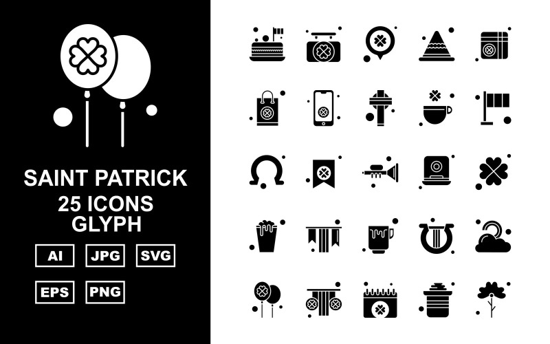 Download Набор иконок "25 Premium Saint Patrick Glyph Icon Set" / 25 Premium Saint Patrick Glyph Icon Set - Набор иконок на тему shopping birthday cake,card,harp,rainbow,balloon,garland,calendar,pot,flower,board,location,cap,gift,shopping bag,mobile,christ,clover,flag,horseshoe,icon