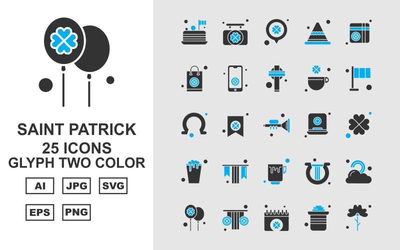 Download Набор иконок "25 Premium Saint Patrick Glyph Two Color Icon Set" / 25 Premium Saint Patrick Glyph Two Color Icon Set - Набор иконок на тему shopping birthday cake,card,harp,rainbow,balloon,garland,calendar,pot,flower,board,location,cap,gift,shopping bag,mobile,christ,clover,flag,horseshoe,icon