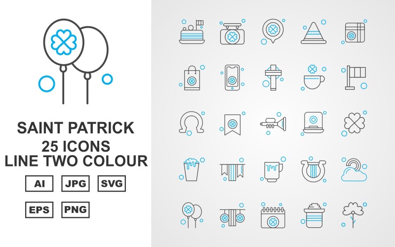 Download Набор иконок "25 Premium Saint Patrick Line Two Color Icon Set" / 25 Premium Saint Patrick Line Two Color Icon Set - Набор иконок на тему shopping birthday cake,card,harp,rainbow,balloon,garland,calendar,pot,flower,board,location,cap,gift,shopping bag,mobile,christ,clover,flag,horseshoe,icon