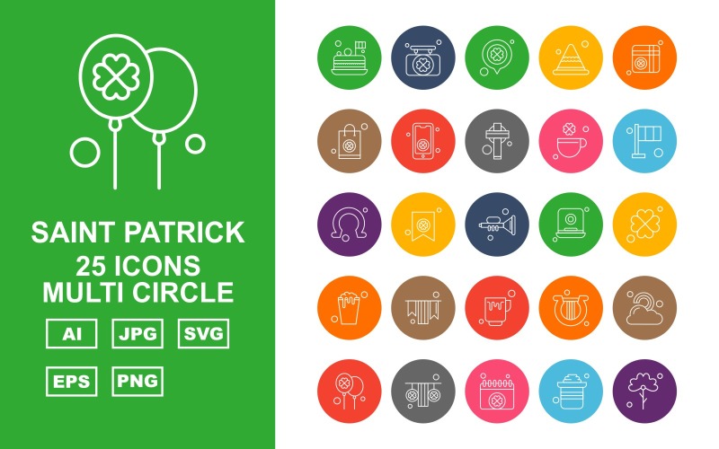 Download Набор иконок "25 Premium Saint Patrick Multi Circle Icon Set" / 25 Premium Saint Patrick Multi Circle Icon Set - Набор иконок на тему shopping birthday cake,card,harp,rainbow,balloon,garland,calendar,pot,flower,board,location,cap,gift,shopping bag,mobile,christ,clover,flag,horseshoe,icon