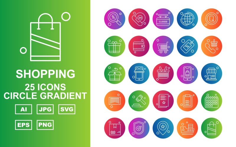 Download Набор иконок "25 Premium Shopping Circle Gradient Icon Set" / 25 Premium Shopping Circle Gradient Icon Set - Набор иконок на тему shopping find,phone,document,calendar,box,tick,location,ship,shopping bag,24 hours alert,closed,earth,search,gift box,wallet,trolley,label,telephone,icon,icons