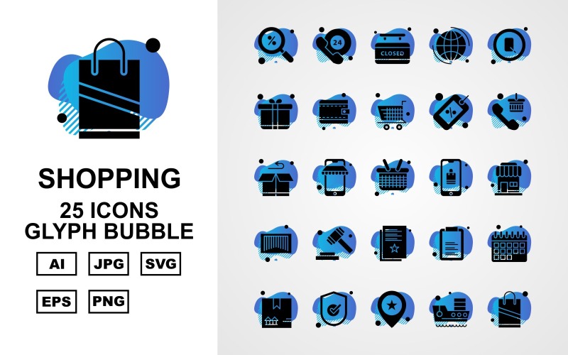 Download Набор иконок "25 Premium Shopping Glyph Bubble Icon Set" / 25 Premium Shopping Glyph Bubble Icon Set - Набор иконок на тему shopping find,phone,document,calendar,box,tick,location,ship,shopping bag,24 hours alert,closed,earth,search,gift box,wallet,trolley,label,telephone,icon,icons