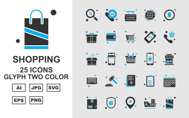 Download Набор иконок "25 Premium Shopping Glyph Two Color Icon Set" / 25 Premium Shopping Glyph Two Color Icon Set - Набор иконок на тему shopping find,phone,document,calendar,box,tick,location,ship,shopping bag,24 hours alert,closed,earth,search,gift box,wallet,trolley,label,telephone,icon,icons
