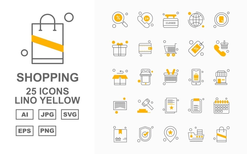 Download Набор иконок "25 Premium Shopping Lino Yellow Icon Set" / 25 Premium Shopping Lino Yellow Icon Set - Набор иконок на тему shopping find,phone,document,calendar,box,tick,location,ship,shopping bag,24 hours alert,closed,earth,search,gift box,wallet,trolley,label,telephone,icon,icons