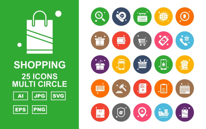 Download Набор иконок "25 Premium Shopping Multi Circle Icon Set" / 25 Premium Shopping Multi Circle Icon Set - Набор иконок на тему shopping find,phone,document,calendar,box,tick,location,ship,shopping bag,24 hours alert,closed,earth,search,gift box,wallet,trolley,label,telephone,icon,icons