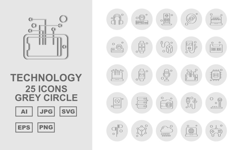 Download Набор иконок "25 Premium Technology Grey Circle Icon Set" / 25 Premium Technology Grey Circle Icon Set - Набор иконок на тему game headphone,watch,plug,tower signal,earphone,tambourine,cloud,laptop,game controller,keyboard,speaker,cd,projector,mobile watch,mouse,mp3,cassete,icon,icons