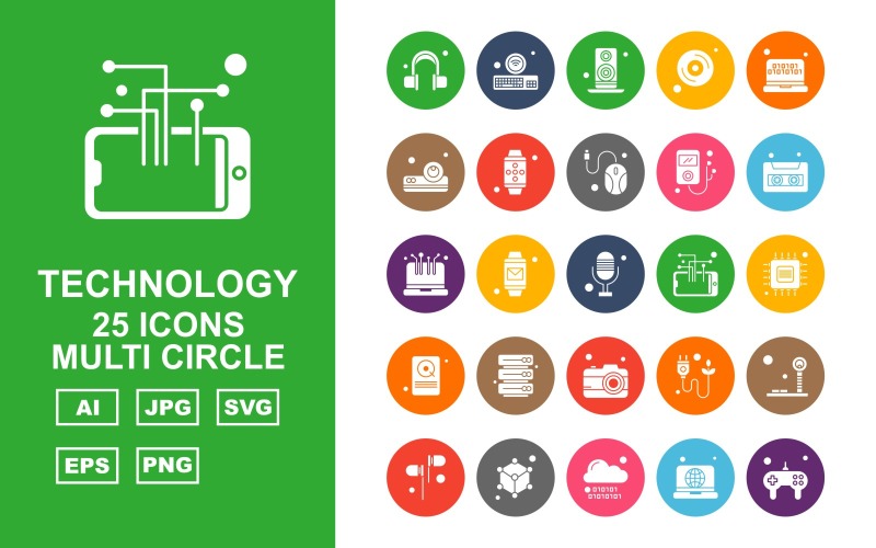 Download Набор иконок "25 Premium Technology Multi Circle Icon Set" / 25 Premium Technology Multi Circle Icon Set - Набор иконок на тему game headphone,watch,plug,tower signal,earphone,tambourine,cloud,laptop,game controller,keyboard,speaker,cd,projector,mobile watch,mouse,mp3,cassete,icon,icons