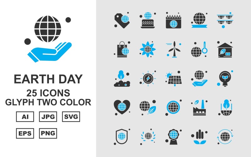Sada 25 barevných ikon glyfů dne Premium Earth