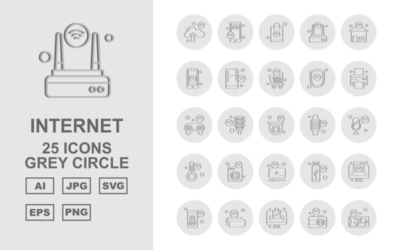 Sada ikon 25 prémiových internetových věcí šedého kruhu