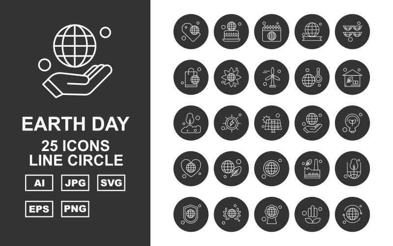 25 set di icone del cerchio della linea della giornata della terra premium