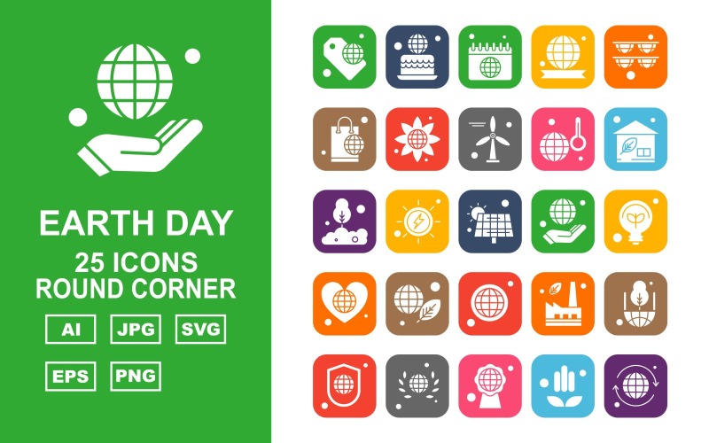 25 set di icone premium Earth Day Round Corner