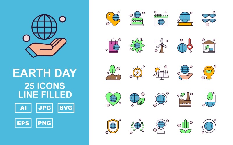 25 set di icone riempite di linea Premium Earth Day