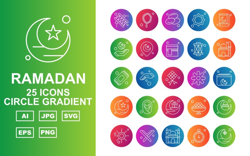 25 Conjunto de ícones premium de gradiente de círculo do Ramadã