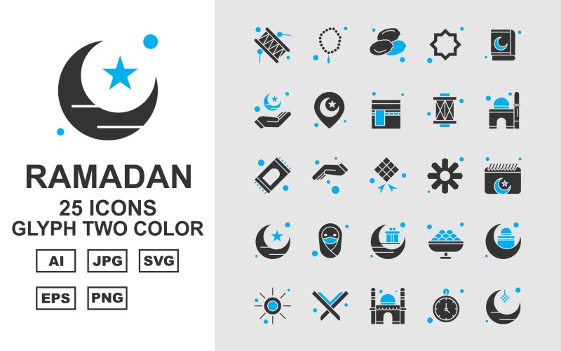 25 Conjunto de iconos de dos colores de glifos de Ramadán premium