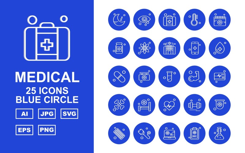 Download Набор иконок "25 Premium Medical Blue Circle Icon Set" / 25 Premium Medical Blue Circle Icon Set - Набор иконок на тему medical moon,briefcase,barbell,ambulance horan,tablet,stethoscope,laptop,document,test tube,eye,first aid,temperature,calendar,bottle,atom,hospital,mobile,drop,medicine,icon