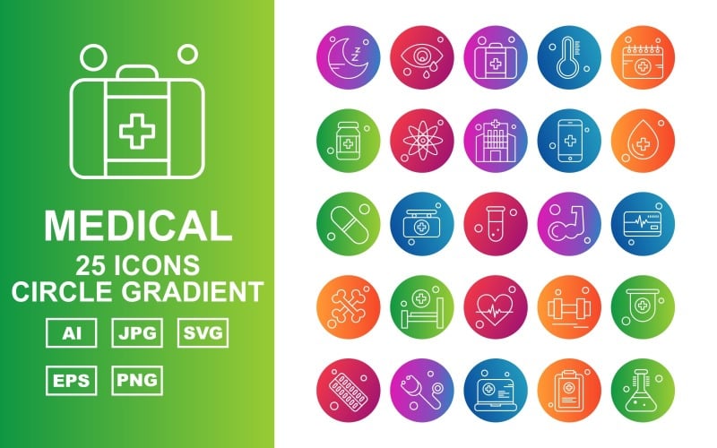 Download Набор иконок "25 Premium Medical Circle Gradient Icon Set" / 25 Premium Medical Circle Gradient Icon Set - Набор иконок на тему medical moon,briefcase,barbell,ambulance horan,tablet,stethoscope,laptop,document,test tube,eye,first aid,temperature,calendar,bottle,atom,hospital,mobile,drop,icon,icons