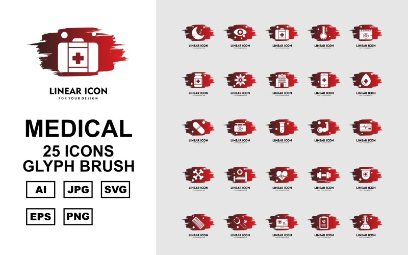 Download Набор иконок "25 Premium Medical Glyph Brush Icon Set" / 25 Premium Medical Glyph Brush Icon Set - Набор иконок на тему medical moon,briefcase,barbell,ambulance horan,tablet,stethoscope,laptop,document,test tube,eye,first aid,temperature,calendar,bottle,atom,hospital,mobile,drop,medicine,icon