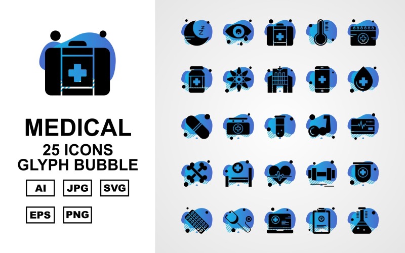 Download Набор иконок "25 Premium Medical Glyph Bubble Icon Set" / 25 Premium Medical Glyph Bubble Icon Set - Набор иконок на тему medical moon,briefcase,barbell,ambulance horan,tablet,stethoscope,laptop,document,test tube,eye,first aid,temperature,calendar,bottle,atom,hospital,mobile,drop,medicine,icon