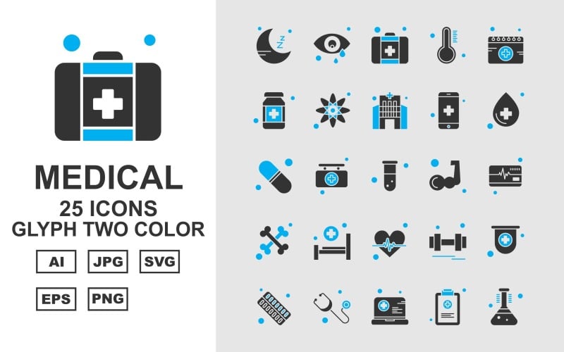 Download Набор иконок "25 Premium Medical Glyph Two Color Icon Set" / 25 Premium Medical Glyph Two Color Icon Set - Набор иконок на тему medical moon,briefcase,barbell,ambulance horan,tablet,stethoscope,laptop,document,test tube,eye,first aid,temperature,calendar,bottle,atom,hospital,mobile,drop,medicine,icon