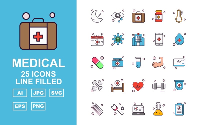 Download Набор иконок "25 Premium Medical Line Filled Icon Set" / 25 Premium Medical Line Filled Icon Set - Набор иконок на тему medical moon,briefcase,barbell,ambulance horan,tablet,stethoscope,laptop,document,test tube,eye,first aid,temperature,calendar,bottle,atom,hospital,mobile,drop,medicine,icon