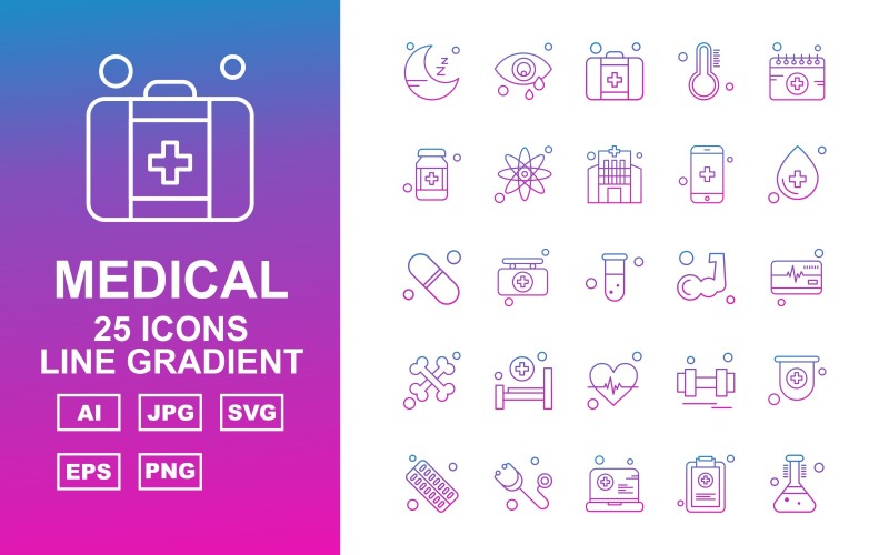 Download Набор иконок "25 Premium Medical Line Gradient Icon Set" / 25 Premium Medical Line Gradient Icon Set - Набор иконок на тему medical moon,briefcase,barbell,ambulance horan,tablet,stethoscope,laptop,document,test tube,eye,first aid,temperature,calendar,bottle,atom,hospital,mobile,drop,medicine,icon