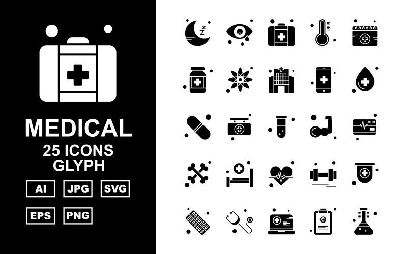 25 Premium medicinsk glyph ikonuppsättning