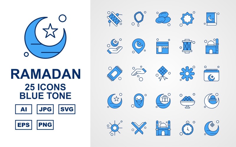 Download Набор иконок "25 Premium Ramadan Blue Tone Icon Set" / 25 Premium Ramadan Blue Tone Icon Set - Набор иконок на тему culture bedug,hand,sweet,mosque,sun,quran,timer,moon,prayer,date,decoration,location,kaaba,rug,rosary,flower,schedule,hijab,icon,icons