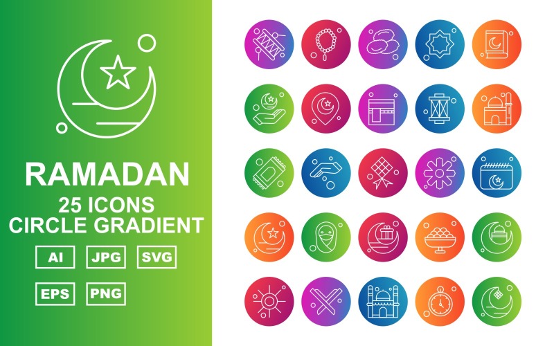 Download Набор иконок "25 Premium Ramadan Circle Gradient Icon Set" / 25 Premium Ramadan Circle Gradient Icon Set - Набор иконок на тему culture bedug,hand,sweet,mosque,sun,quran,timer,moon,prayer,date,decoration,location,rug,rosary,flower,schedule,hijab,icon,icons,kaaba