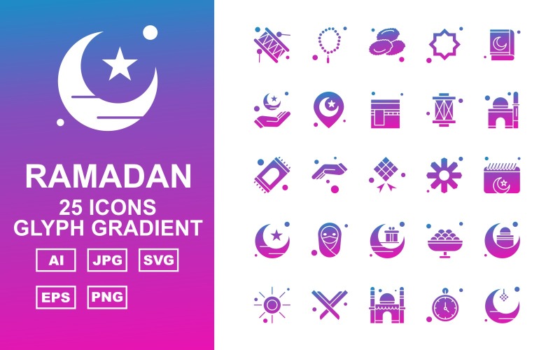Download Набор иконок "25 Premium Ramadan Glyph Gradient Icon Set" / 25 Premium Ramadan Glyph Gradient Icon Set - Набор иконок на тему culture bedug,hand,sweet,mosque,sun,quran,timer,moon,prayer,date,decoration,location,kaaba,rug,rosary,flower,schedule,hijab,icon,icons
