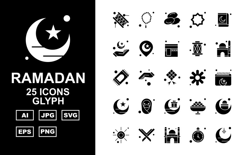 Download Набор иконок "25 Premium Ramadan Glyph Icon Set" / 25 Premium Ramadan Glyph Icon Set - Набор иконок на тему culture bedug,hand,sweet,mosque,sun,quran,timer,moon,prayer,date,decoration,location,kaaba,rug,rosary,flower,schedule,hijab,icon,icons