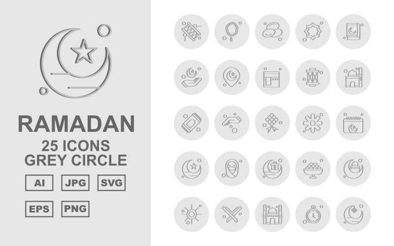 Download Набор иконок "25 Premium Ramadan Grey Circle Icon Set" / 25 Premium Ramadan Grey Circle Icon Set - Набор иконок на тему culture bedug,hand,sweet,mosque,sun,quran,timer,moon,prayer,date,decoration,location,kaaba,rug,rosary,flower,schedule,hijab,icon,icons