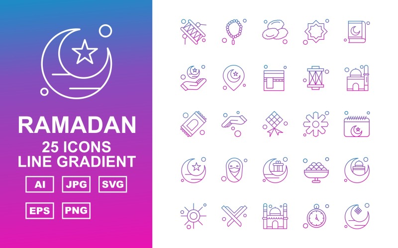 Download Набор иконок "25 Premium Ramadan Line Gradient Icon Set" / 25 Premium Ramadan Line Gradient Icon Set - Набор иконок на тему culture bedug,hand,sweet,mosque,sun,quran,timer,moon,prayer,date,decoration,location,kaaba,rug,rosary,flower,schedule,hijab,icon,icons