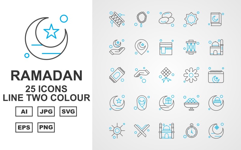 Download Набор иконок "25 Premium Ramadan Line Two Color Icon Set" / 25 Premium Ramadan Line Two Color Icon Set - Набор иконок на тему culture bedug,hand,sweet,mosque,sun,quran,timer,moon,prayer,date,decoration,location,kaaba,rug,rosary,flower,schedule,hijab,icon,icons