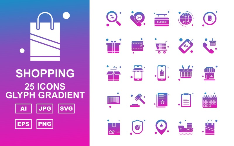 25 Premium Shopping Glyph Set di icone gradiente