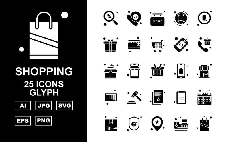 25 Premium Shopping GlyphIcon Pack Icon Set - TemplateMonster